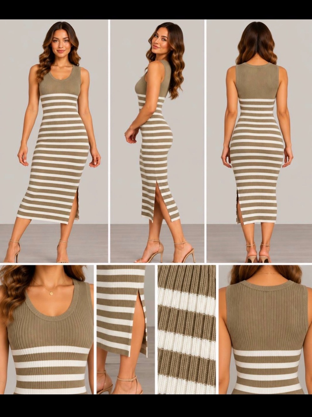 Sleeveless Ribbed Midi Dress in Olive & White Stripe woman size M